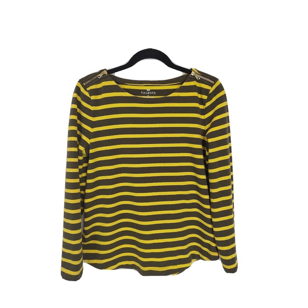 Talbots Womens M‎ Olive Green Yellow Striped Long Sleeve Cotton Top Shoulder Zip